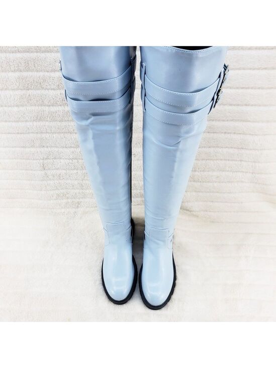 Cape Robbin Shoes - Techno Baby Blue Lycra Stretch Lug Sole Thigh High Combat Rider Brand New
